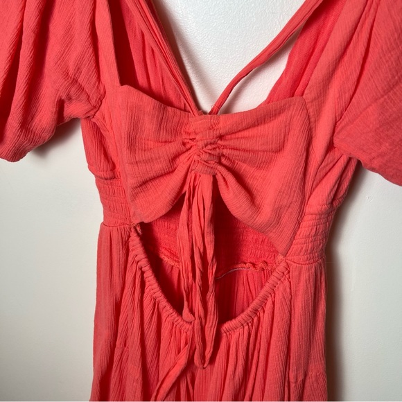Free People Perfect Day V Neck Smocked Mini Dress Balloon Sleeve XS Watermelon - Picture 7 of 11